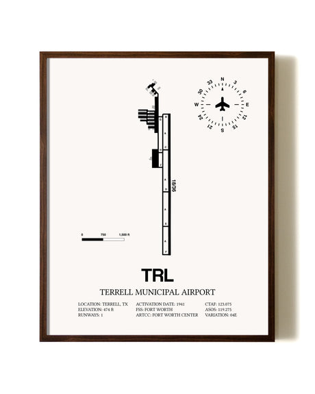 Terrell Municipal Airport aviation print in walnut frame