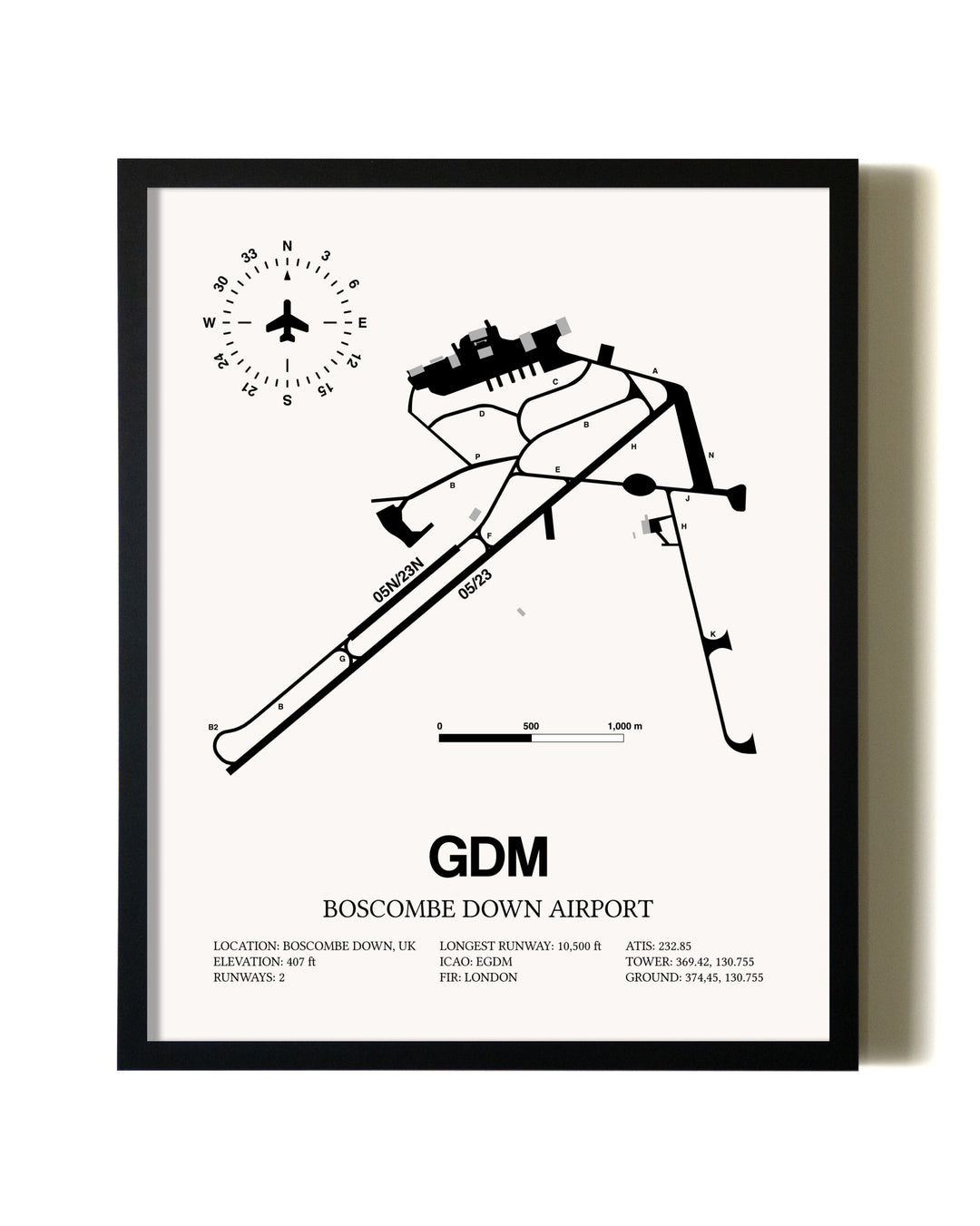 Framed Boscombe Down Airport wall art poster in black frame