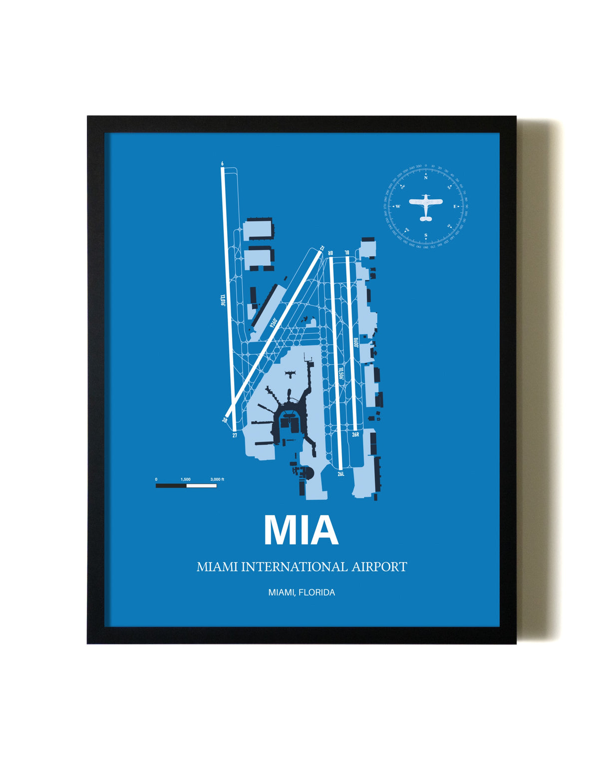 Sky Blue Miami International Airport aviation wall décor in black wood frame