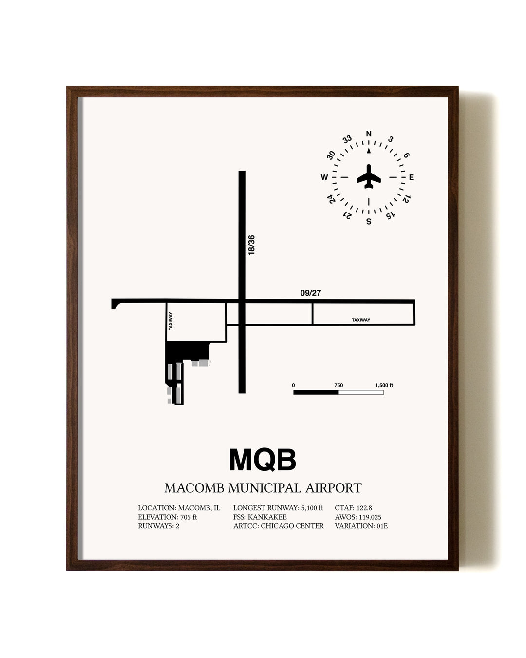 Macomb Municipal Airport aviation print in walnut frame
