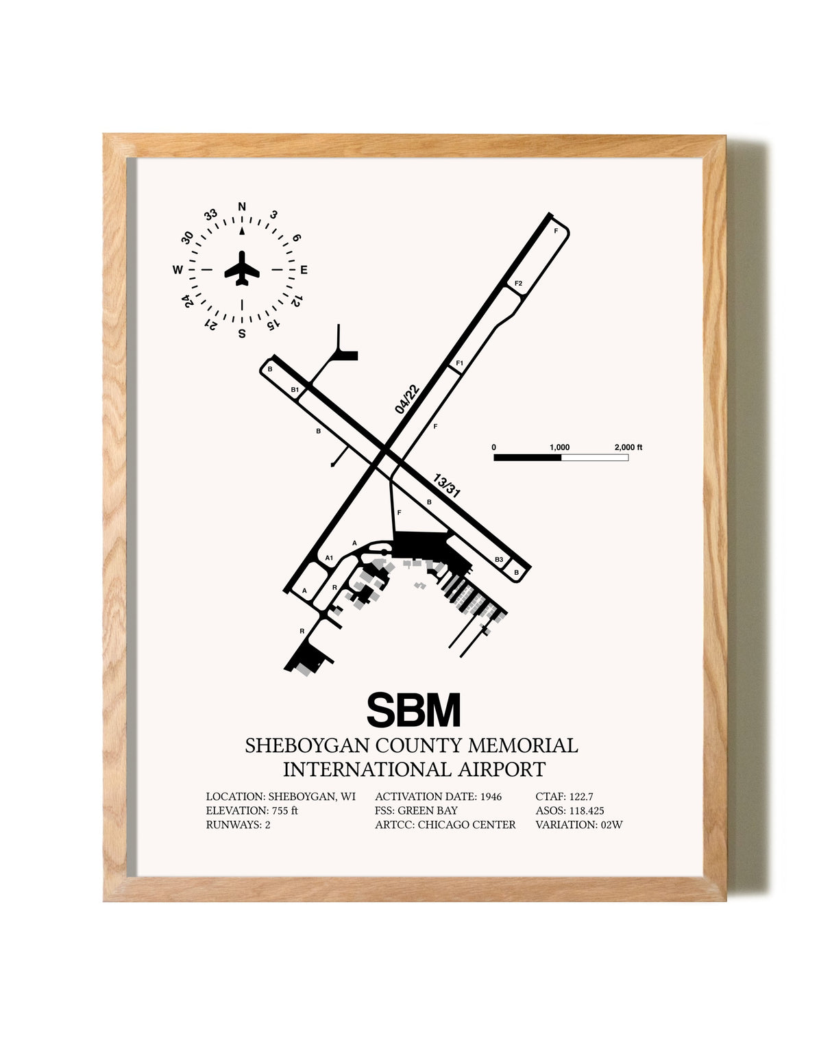 Sheboygan County Memorial International Airport framed print in natural wood frame