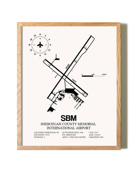 Sheboygan County Memorial International Airport framed print in natural wood frame