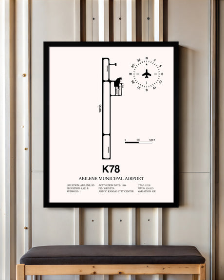 Abilene Municipal Airport framed poster displayed in an airplane hangar