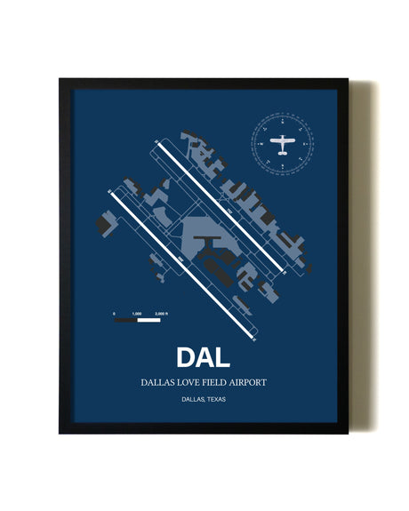 Aviation Blue Framed Dallas Love Field Airport layout wall art poster