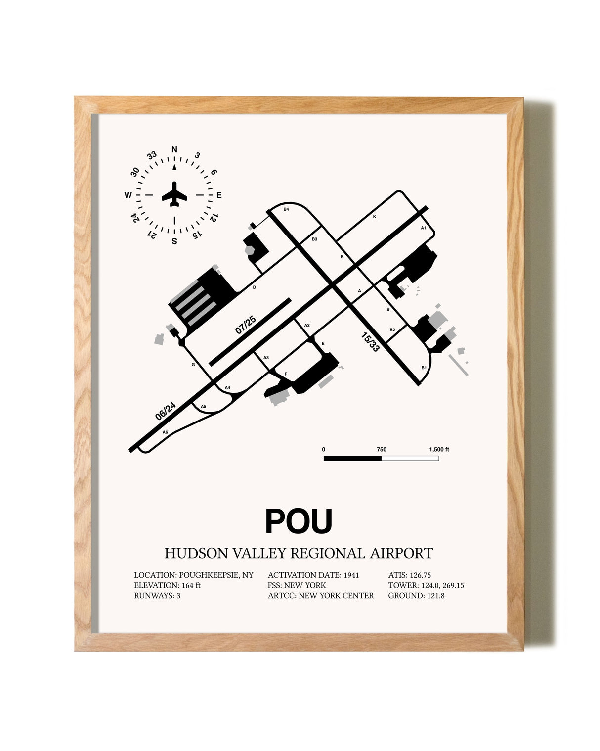 Hudson Valley Regional Airport framed print in natural wood frame