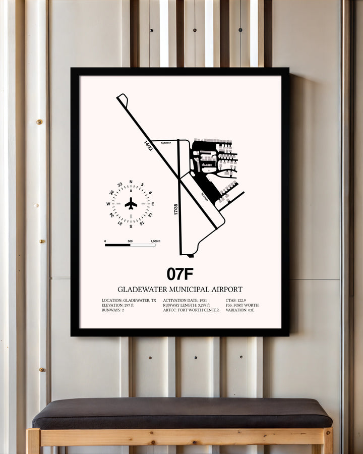 Gladewater Municipal Airport framed poster displayed in an airplane hangar