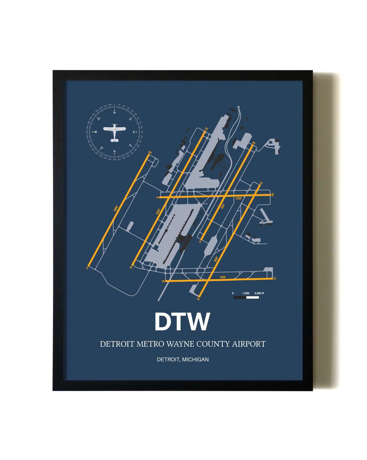 Blue and Yellow Framed Detroit Metro Wayne County Airport wall art poster in black frame