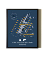 Blue and Yellow Framed Detroit Metro Wayne County Airport wall art poster in black frame