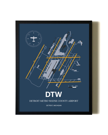 Blue and Yellow Framed Detroit Metro Wayne County Airport wall art poster in black frame