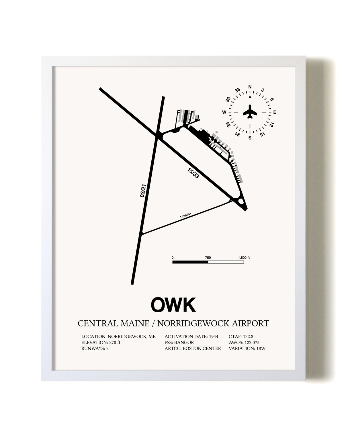 Central Maine / Norridgewock Airport airport map poster in oak frame