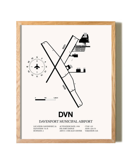 Davenport Municipal Airport framed print in natural wood frame