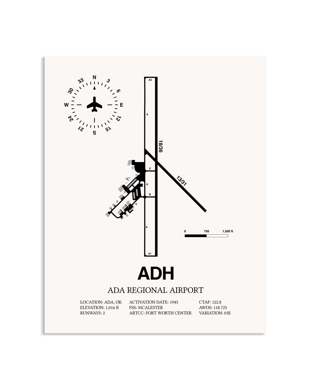 Gray Ada Regional Airport framed poster displayed in an airplane hangar