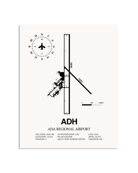 Gray Ada Regional Airport framed poster displayed in an airplane hangar