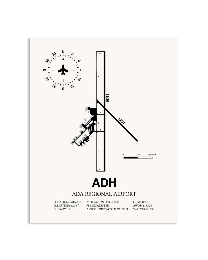 Gray Ada Regional Airport framed poster displayed in an airplane hangar