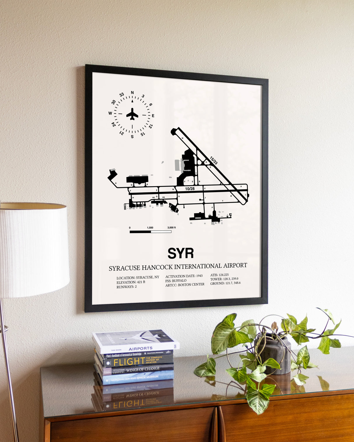 Syracuse Hancock International Airport aviation wall décor in black wood frame