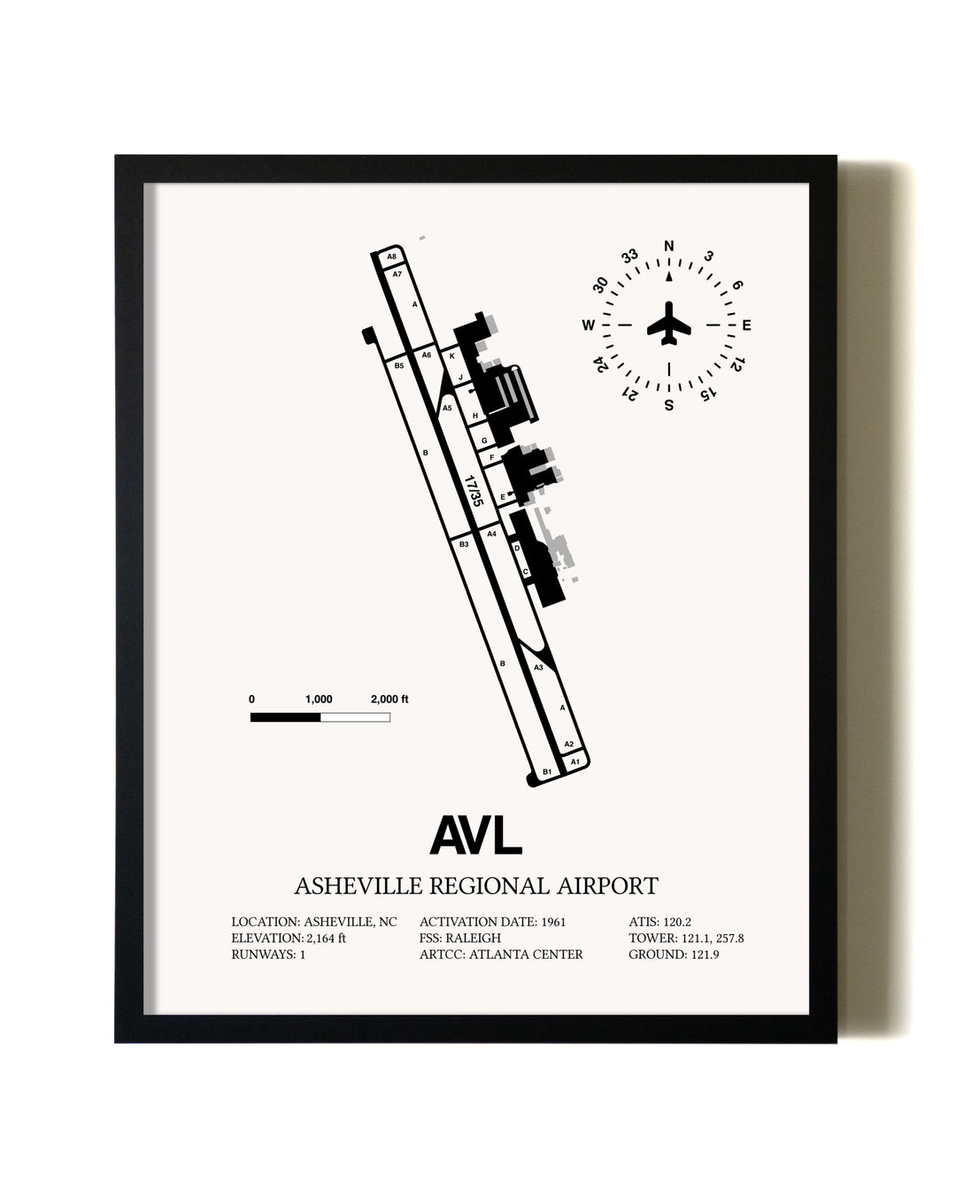 Framed Asheville Regional Airport wall art poster in black frame