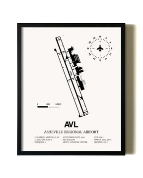 Framed Asheville Regional Airport wall art poster in black frame