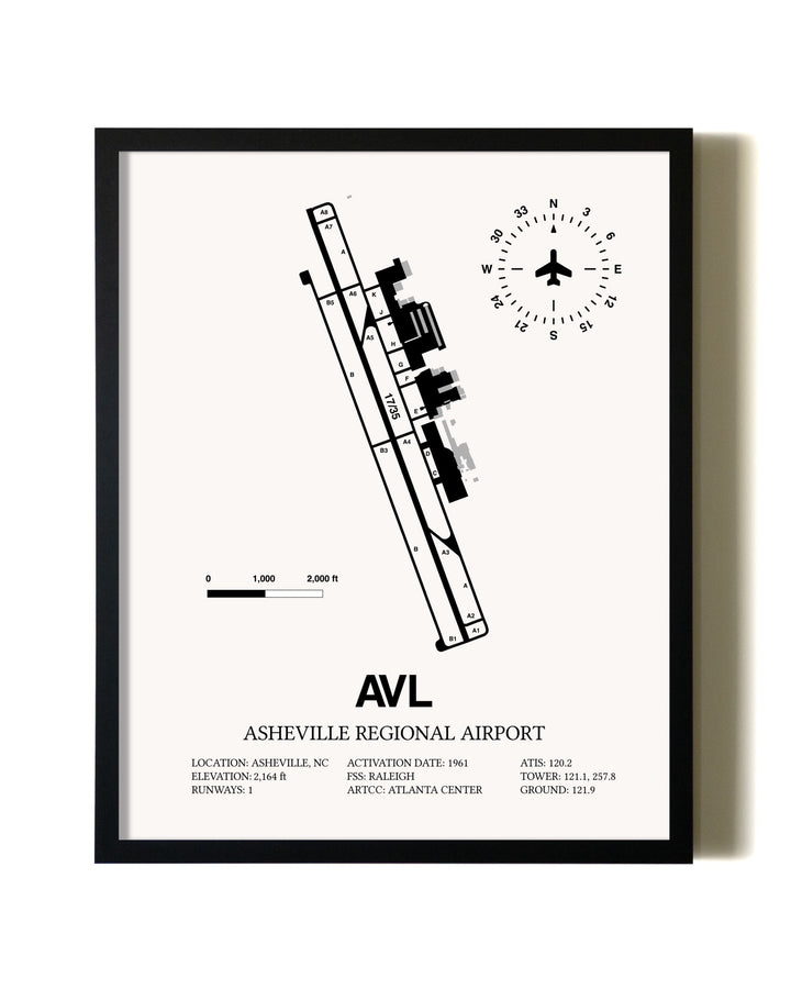 Framed Asheville Regional Airport wall art poster in black frame