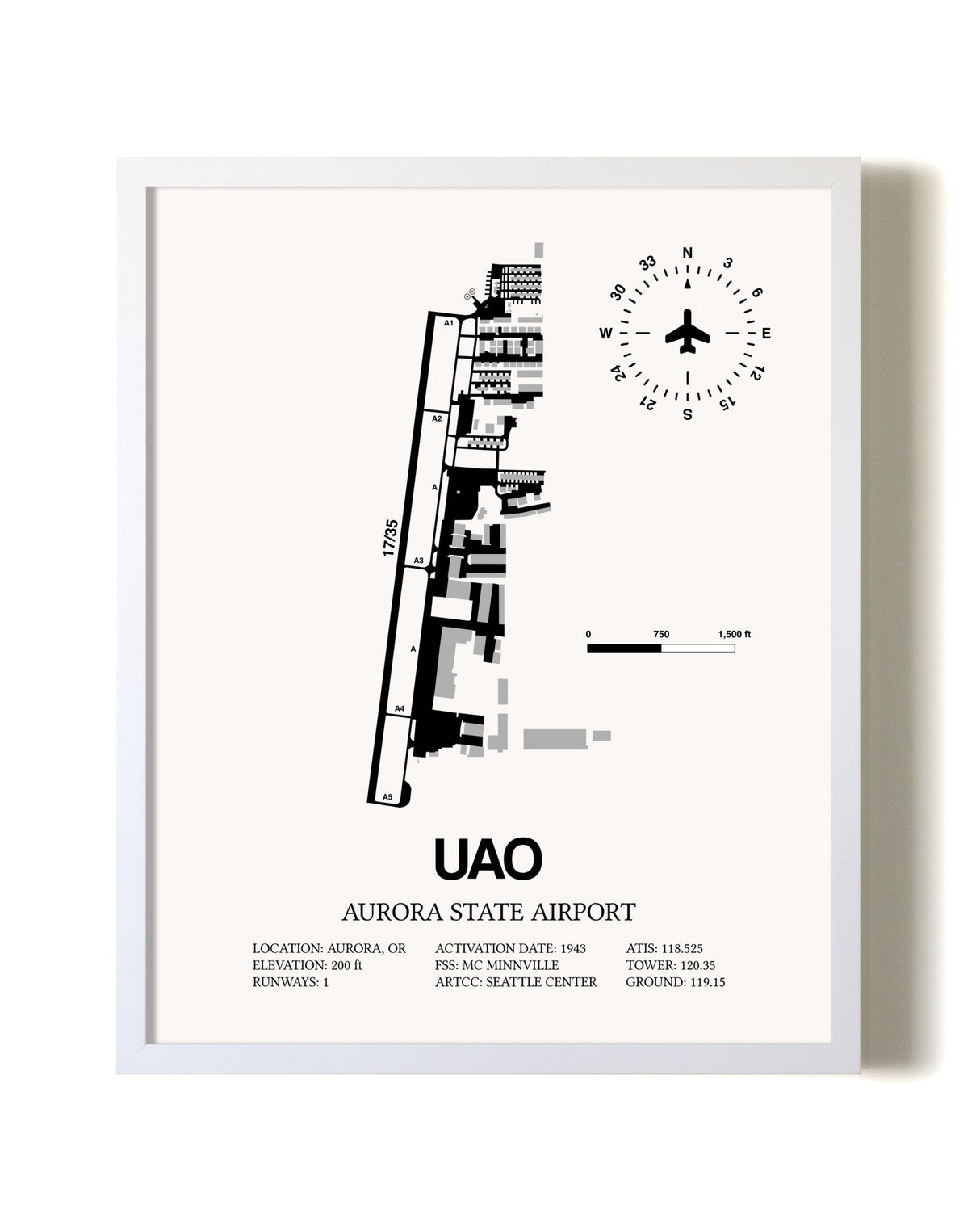 Aurora State Airport airport map poster in oak frame