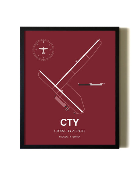 Red Framed Cross City Airport wall art poster in black frame