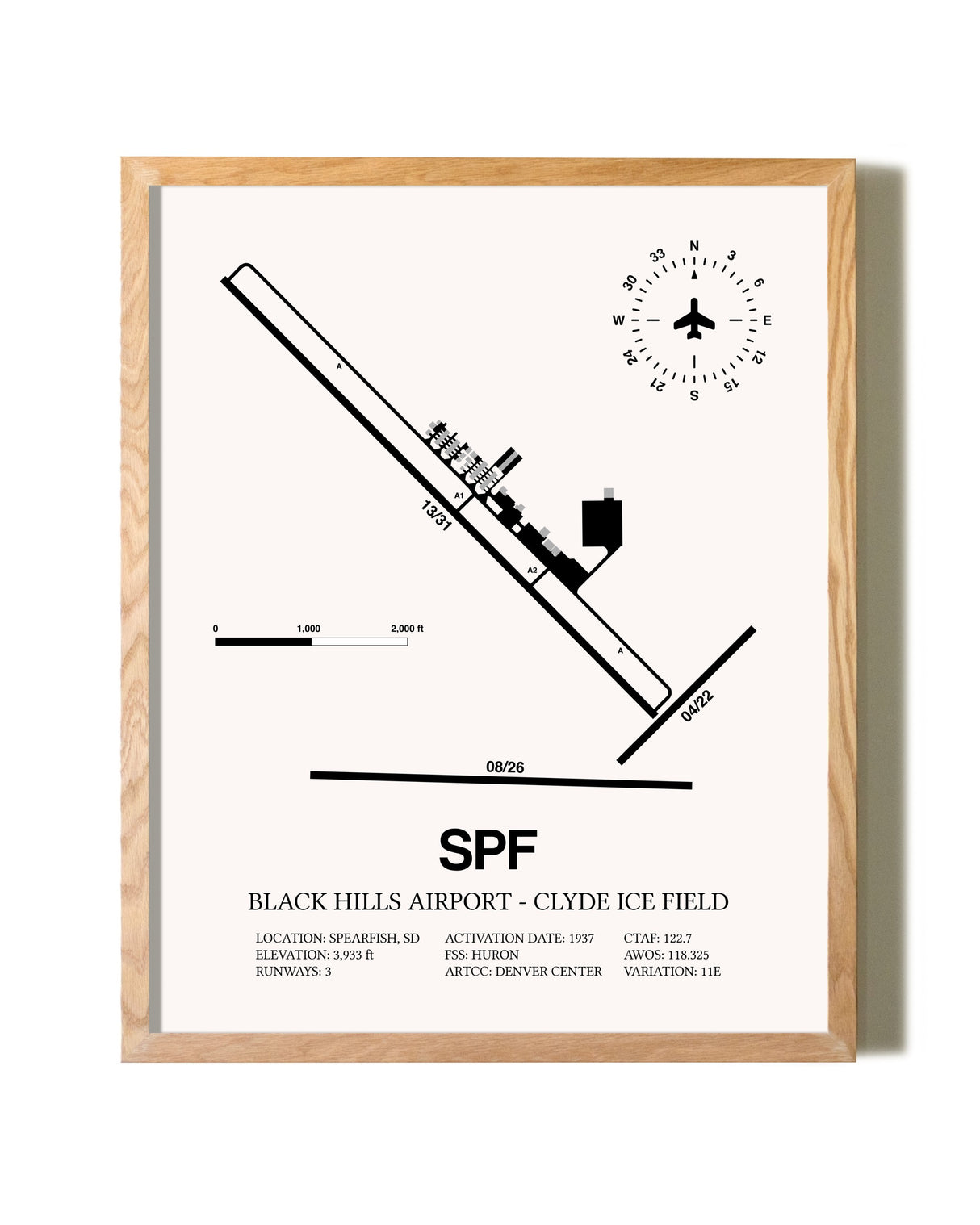 Black Hills Airport-Clyde Ice Field framed print in natural wood frame