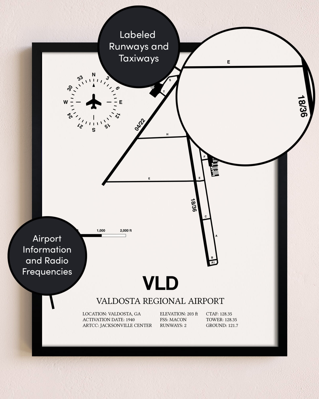 Framed Valdosta Regional Airport layout wall art poster