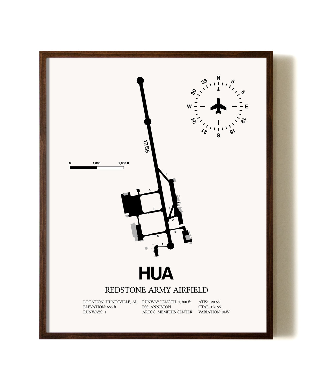 Redstone Army Airfield aviation print in walnut frame