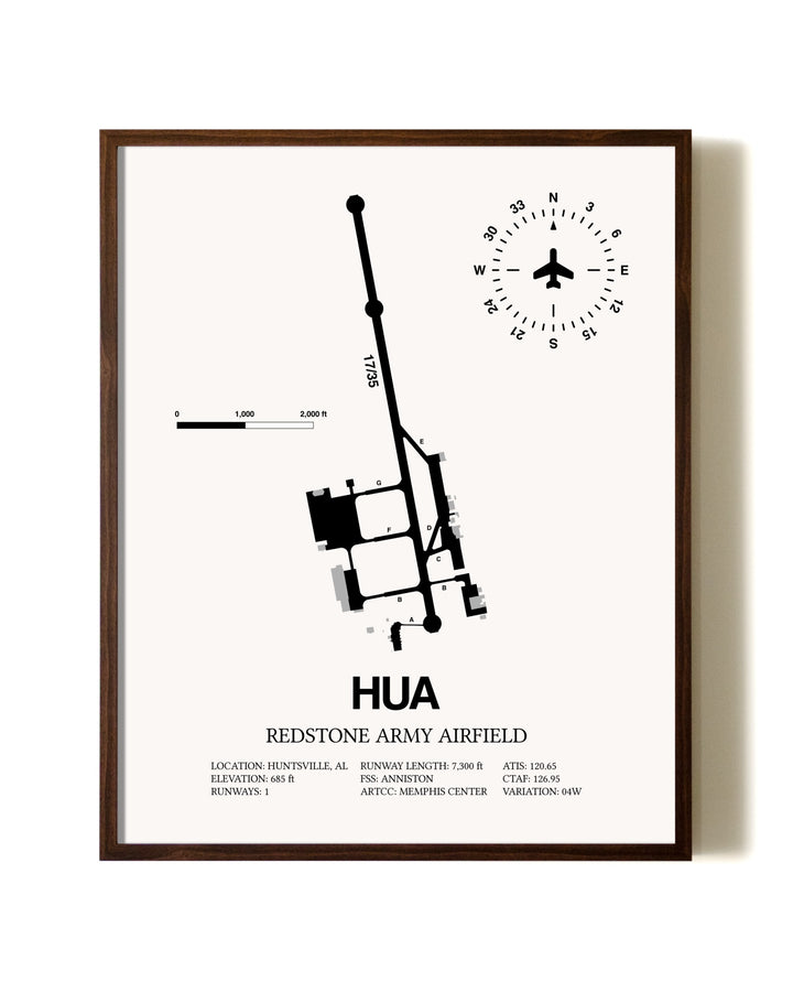 Redstone Army Airfield aviation print in walnut frame