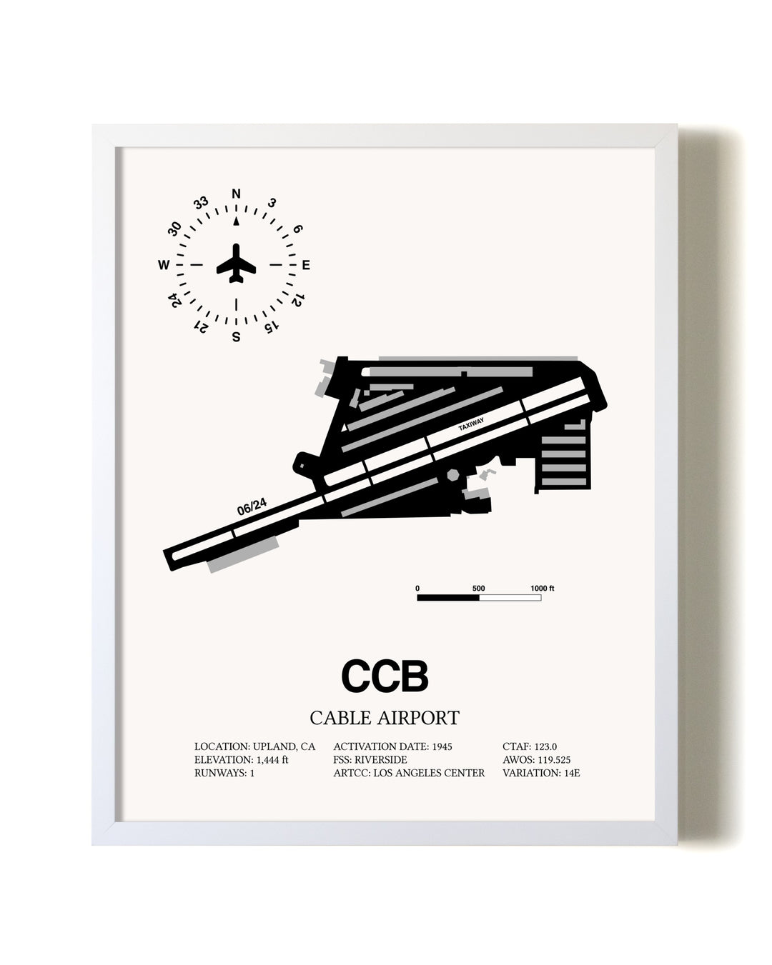 Cable Airport airport map poster in oak frame