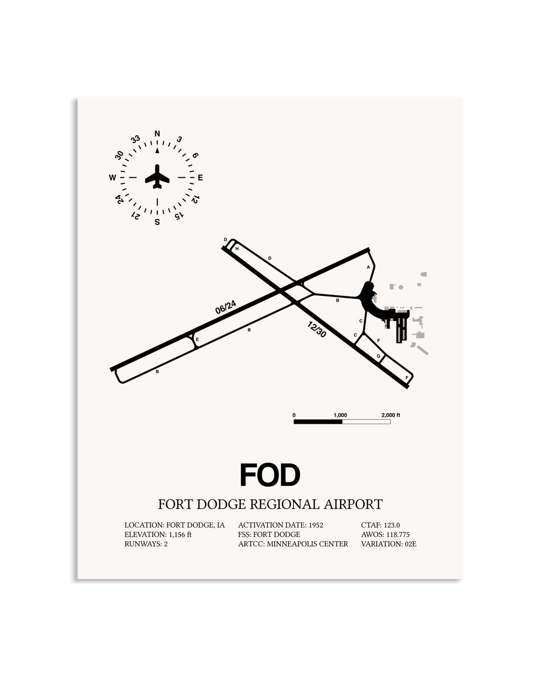 Gray Fort Dodge Regional Airport framed poster displayed in an airplane hangar
