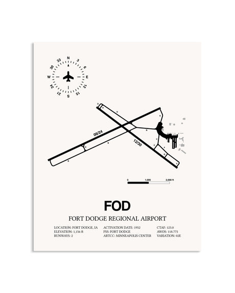 Gray Fort Dodge Regional Airport framed poster displayed in an airplane hangar