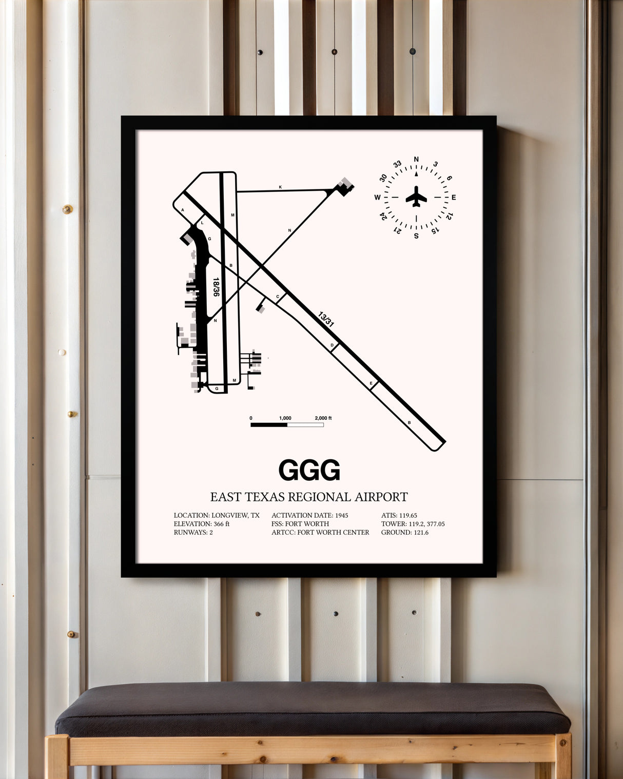 East Texas Regional Airport framed poster displayed in an airplane hangar