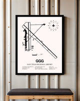 East Texas Regional Airport framed poster displayed in an airplane hangar