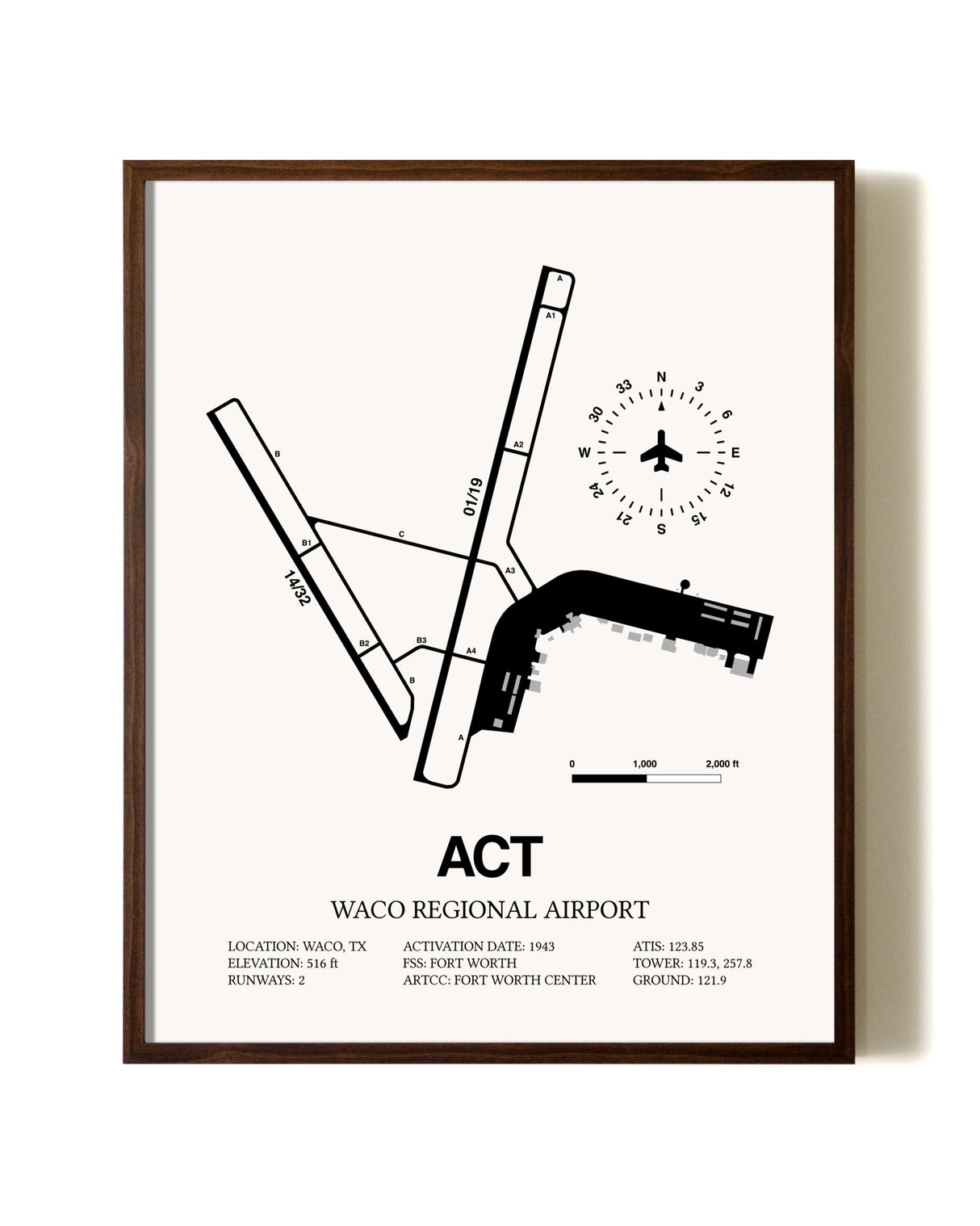 Waco Regional Airport aviation print in walnut frame