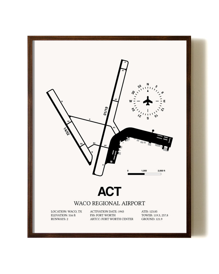 Waco Regional Airport aviation print in walnut frame