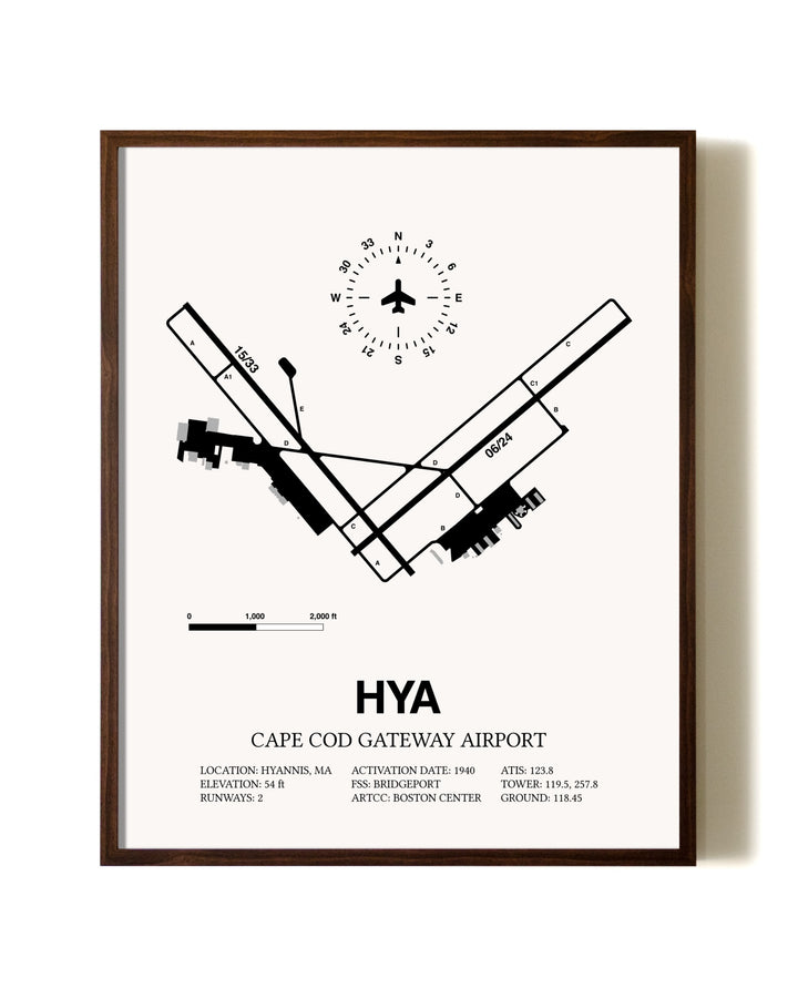 Cape Cod Gateway Airport aviation print in walnut frame