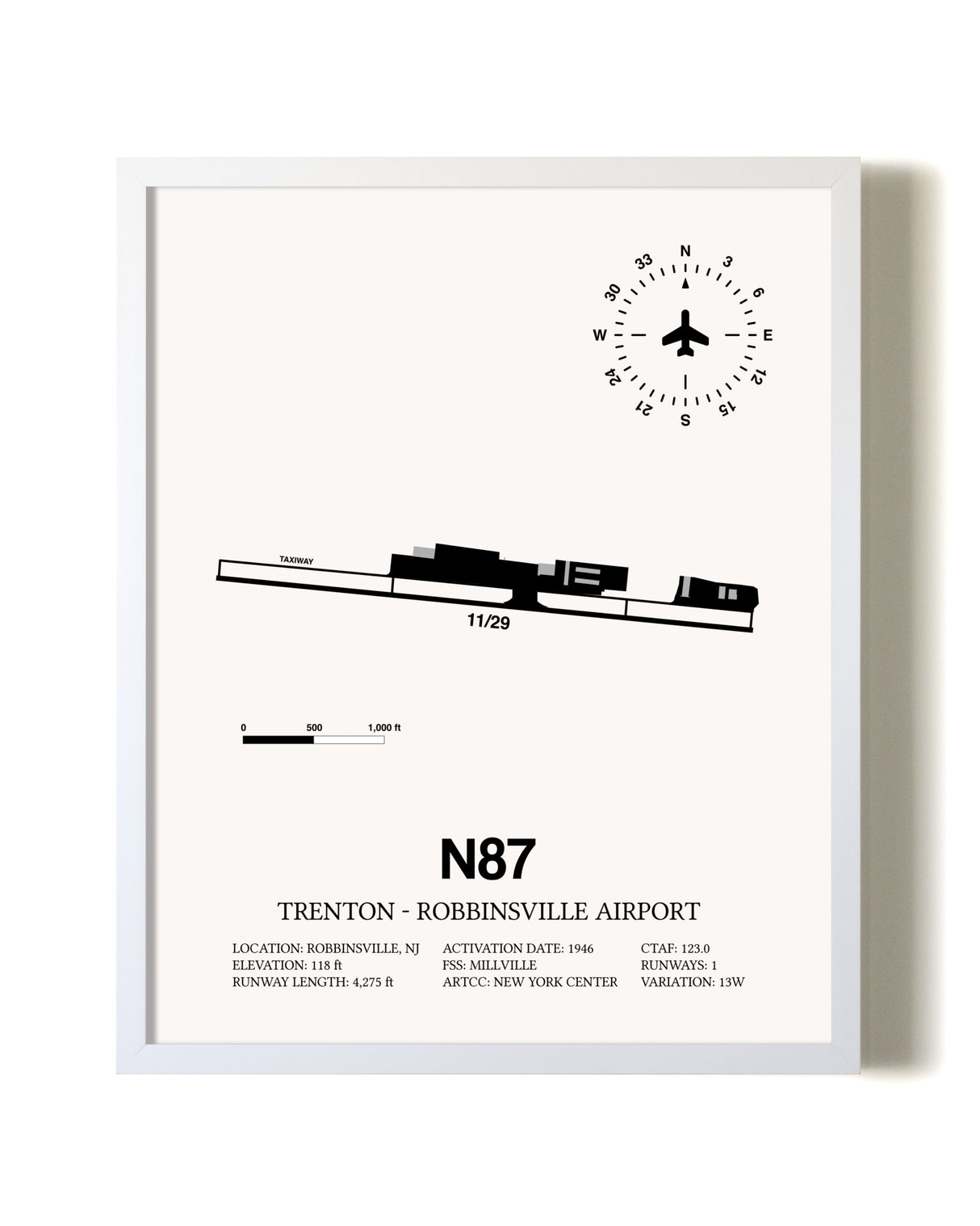 Trenton-Robbinsville Airport airport map poster in oak frame