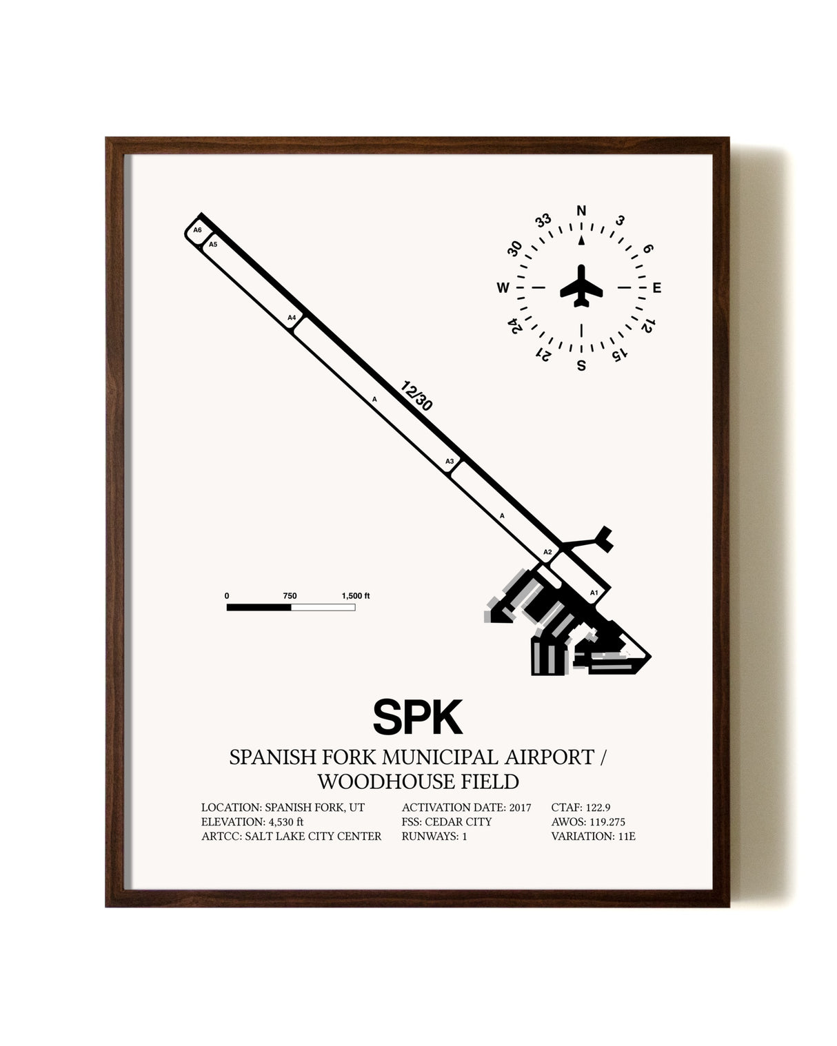 Spanish Fork Municipal Airport / Woodhouse Field aviation print in walnut frame
