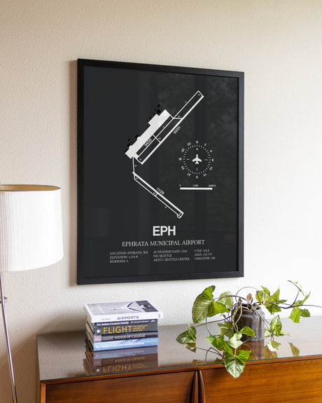 Gray Framed Ephrata Municipal Airport wall art poster in black frame