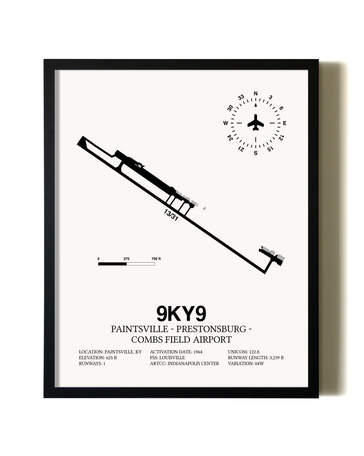 Framed Paintsville-Prestonsburg - Combs Field Airport wall art poster in black frame