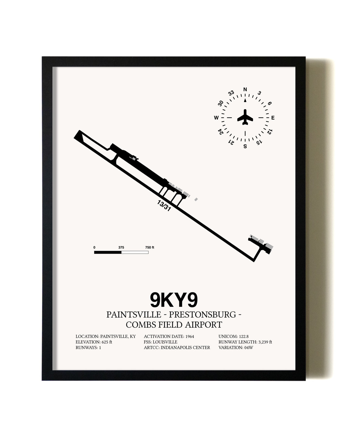 Framed Paintsville-Prestonsburg - Combs Field Airport wall art poster in black frame