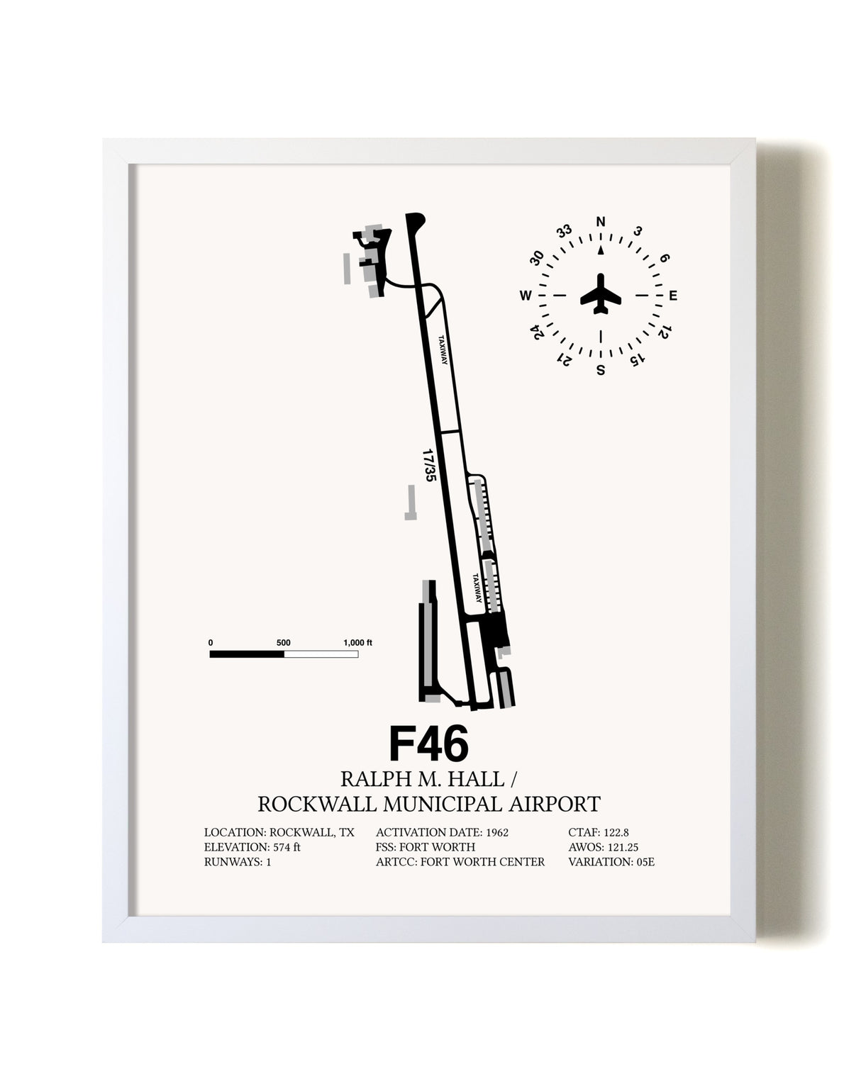 Ralph M. Hall / Rockwall Municipal Airport airport map poster in oak frame