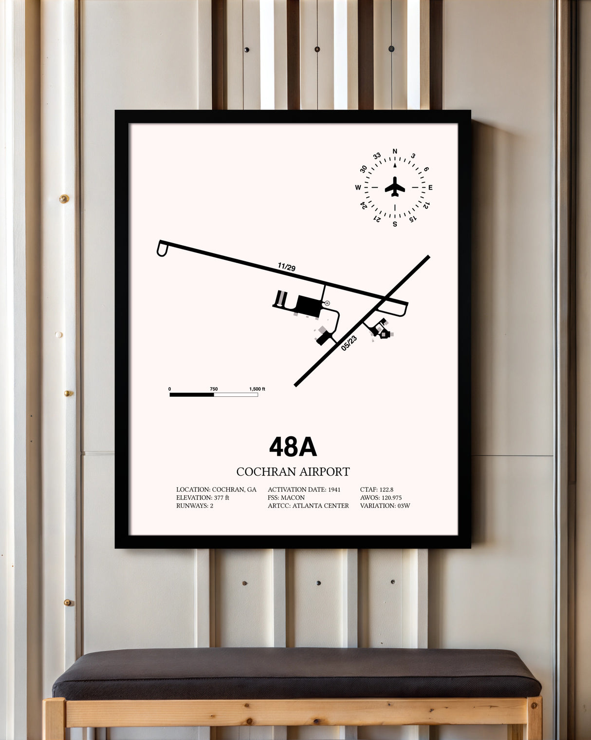 Cochran Airport framed poster displayed in an airplane hangar