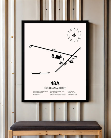 Cochran Airport framed poster displayed in an airplane hangar