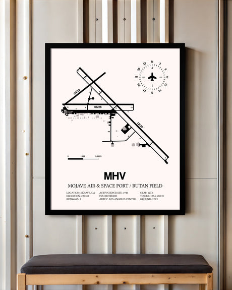 Mojave Air & Space Port / Rutan Field framed poster displayed in an airplane hangar