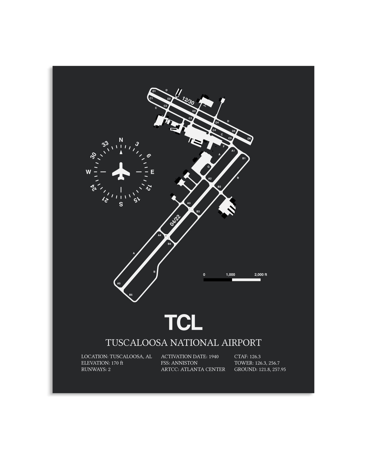 Gray Framed Tuscaloosa National Airport layout wall art poster