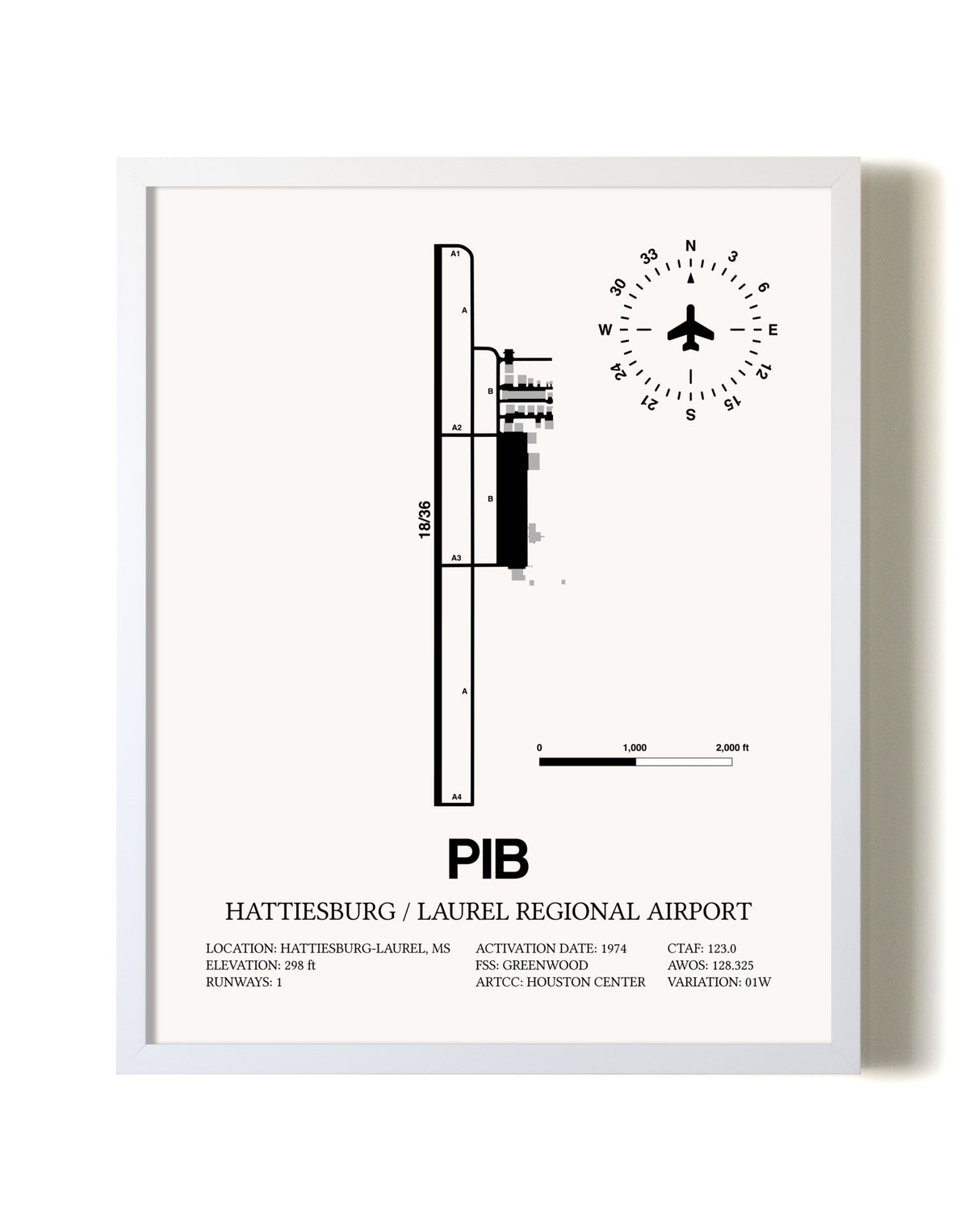 Hattiesburg / Laurel Regional Airport airport map poster in oak frame