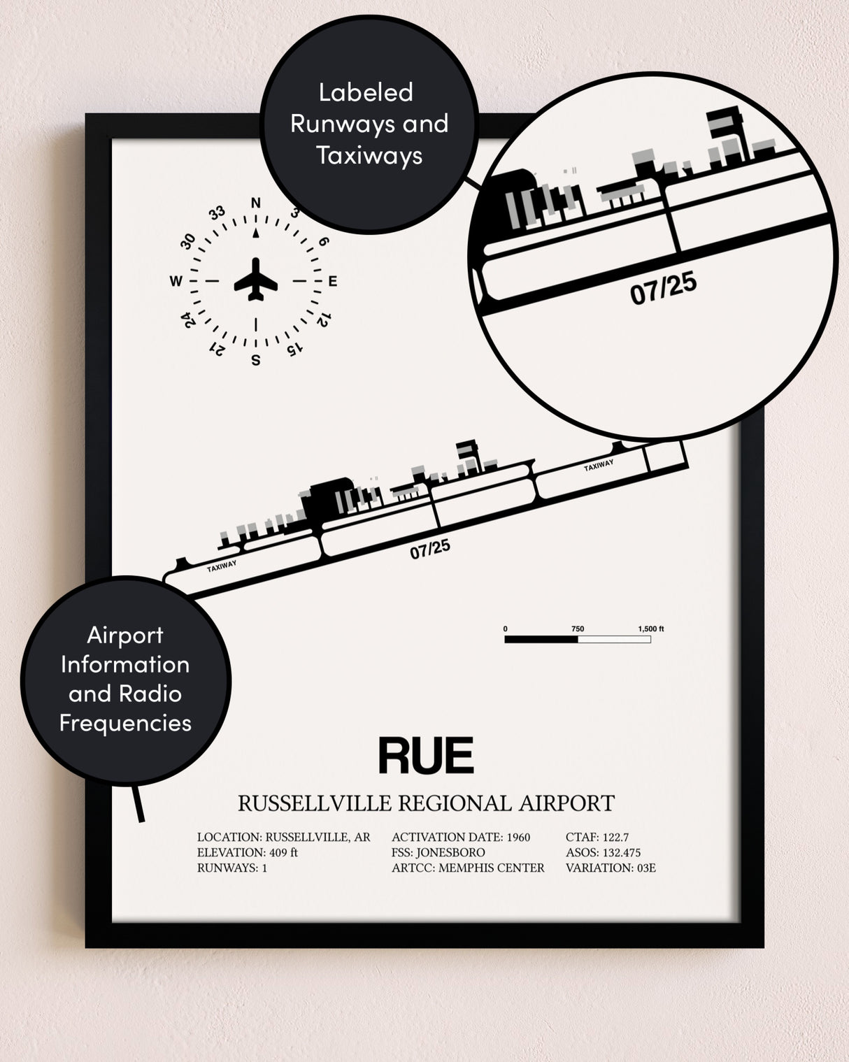 Framed Russellville Regional Airport layout wall art poster