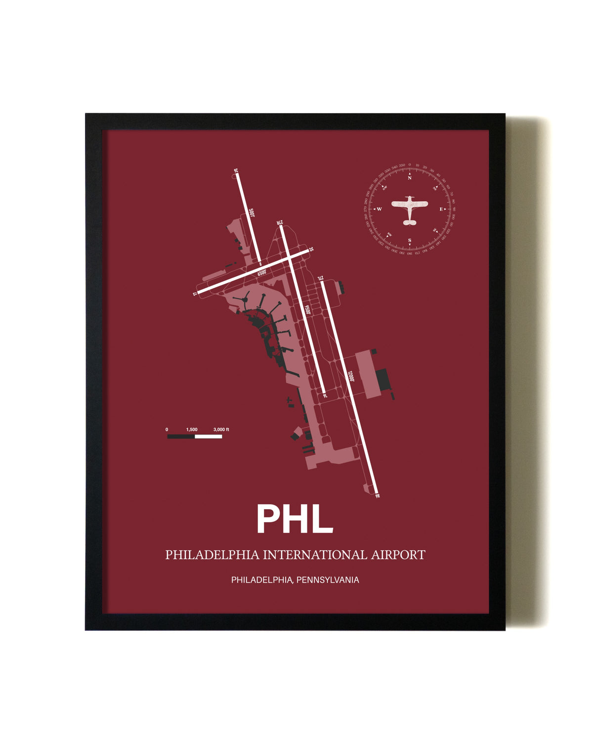Framed Philadelphia International Airport wall art poster in black frame