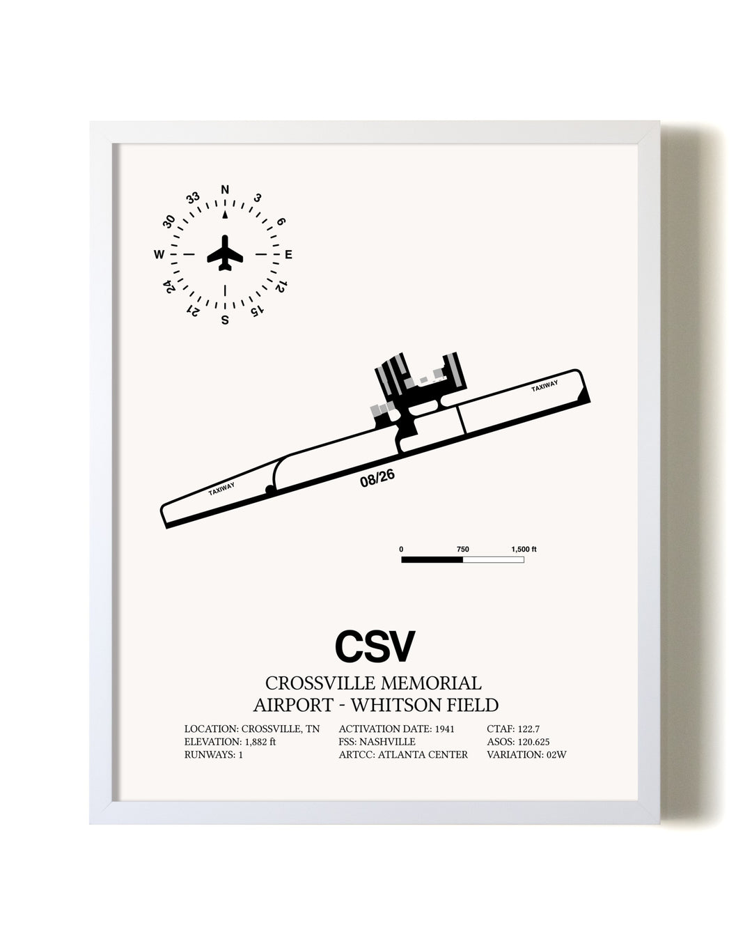Crossville Memorial Airport-Whitson Field airport map poster in oak frame